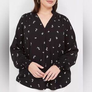 Lane Bryant 22/24 Black Floral Print Tunic Blouse Lightweight Long Sleeve Rayon